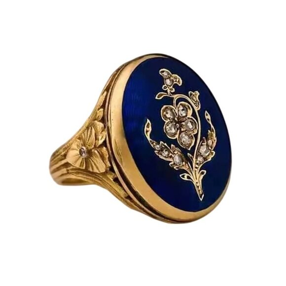 Womens Fashion Ring Blue Enamel Crystal Gold Plated French Vintage Style Size 8 - Picture 7 of 7